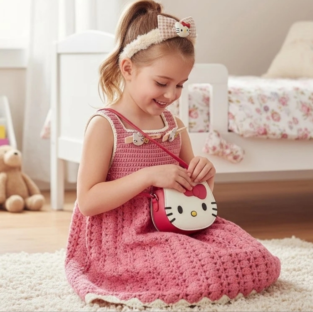 Hello Kitty Purse Headband Hairclips 925 Necklace Bracelet with Crocheted Dress